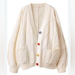 Boho Free People Inspired Ebossy Off White Cable Knit Cardigan Colorful Button S